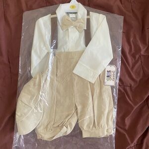 Cream and Tan Baby Outfit with Bow Tie and hat. Never worn boys 2T formal